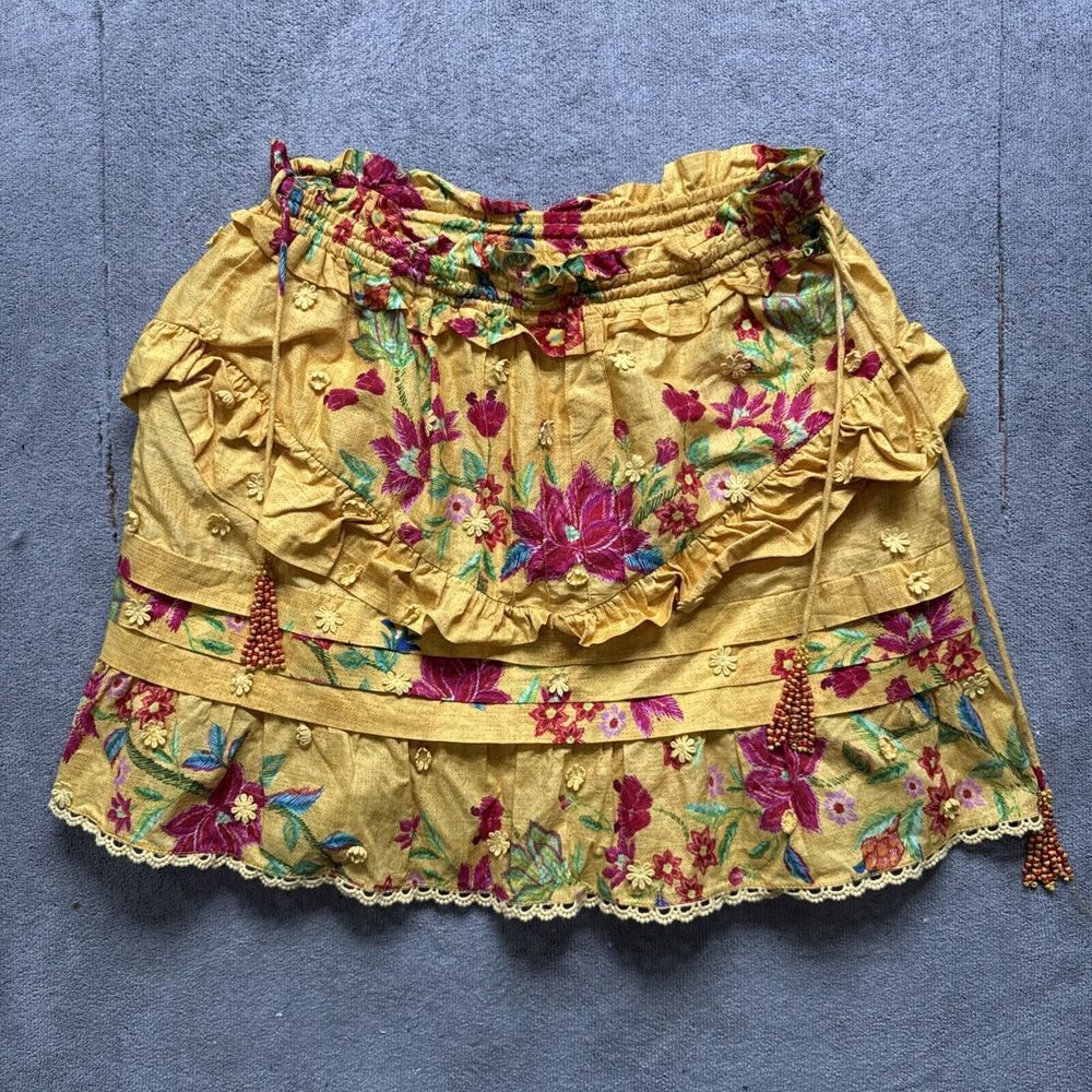 Farm Rio Flower Dream Tiered Skirt S Yellow Floral Ruffle